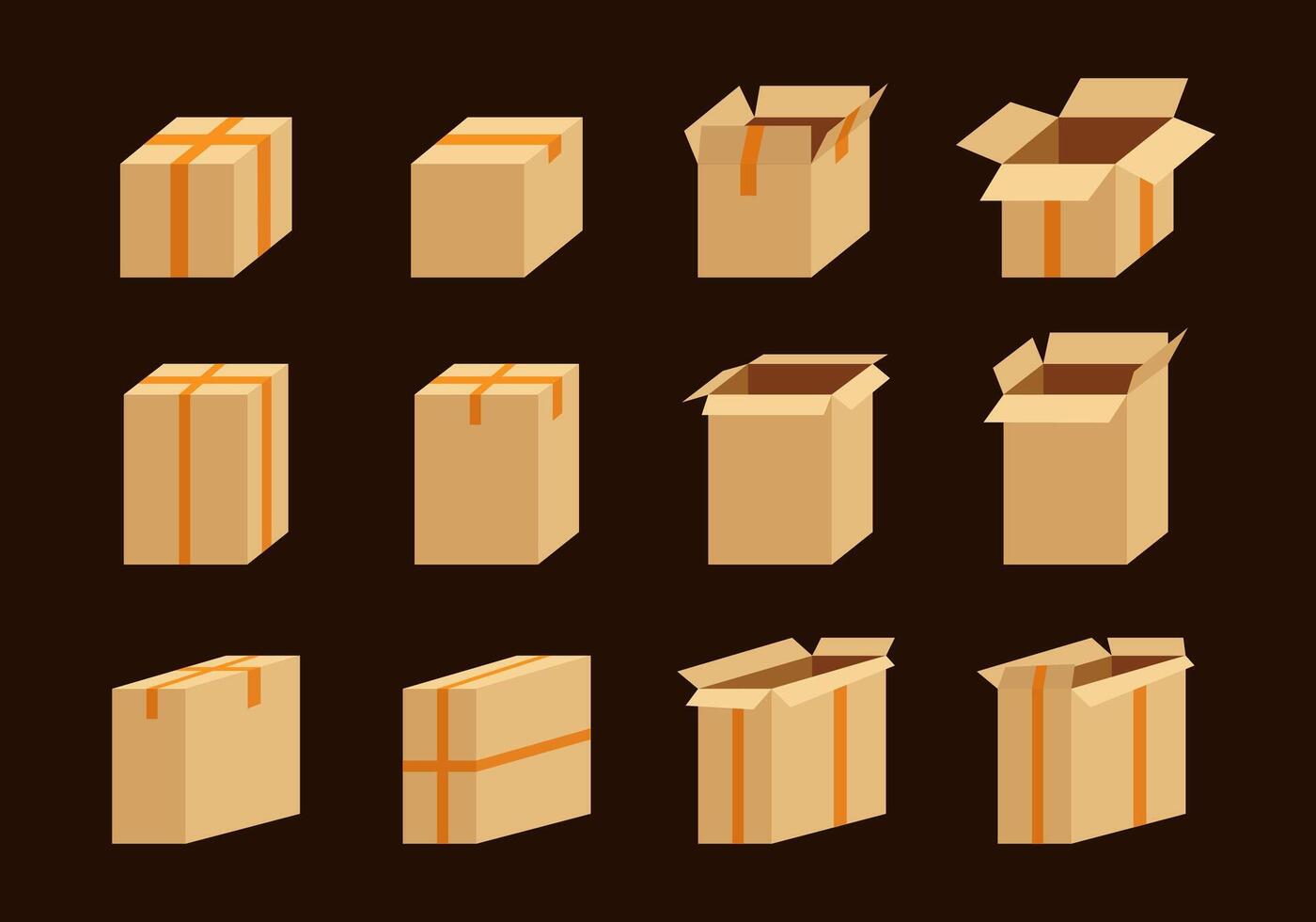 Flat set of illustrations of boxes with yellow stitching from different angles on a brown background. Minimalistic icons of craft boxes. A set of models of packing boxes in 3D graphics for design. vector
