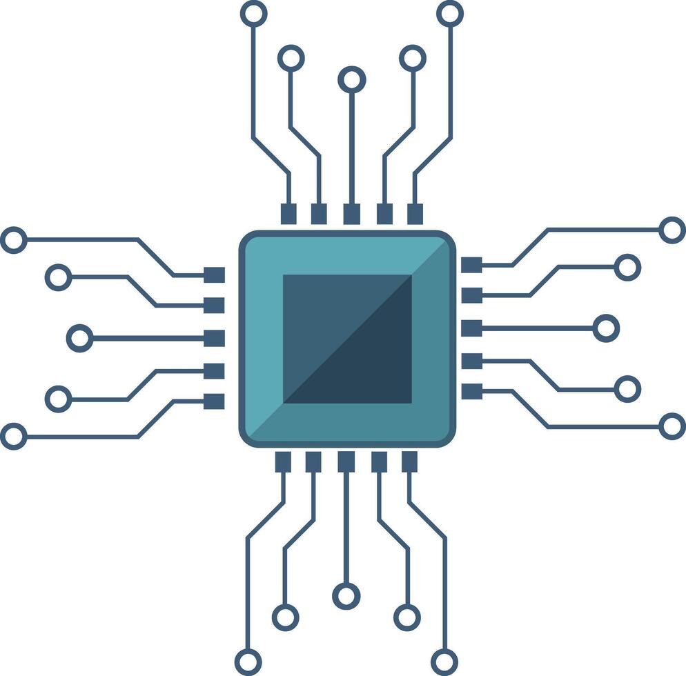 Detailed illustration of a microchip processor unit integrated with a complex circuit board, symbolizing advanced technological innovation and connectivity. vector