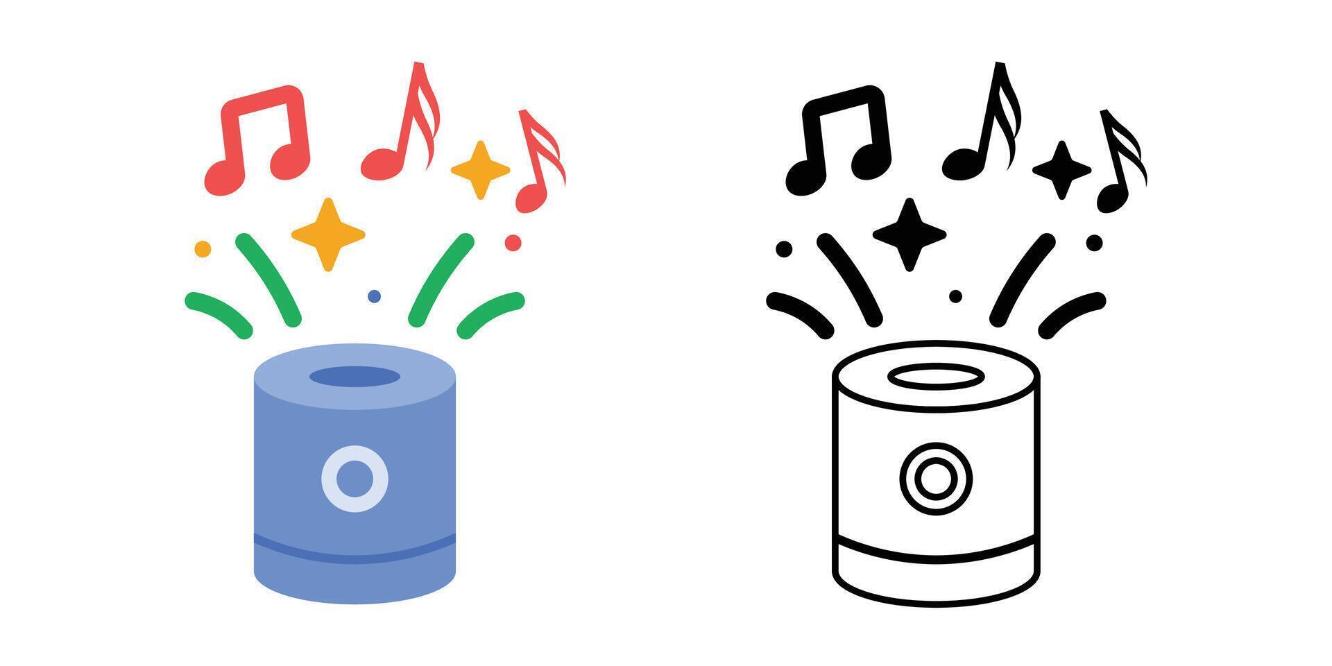 Smart speaker celebration sound icon featuring a speaker with floating music notes and sparkles. Great for festive music themes, holiday playlists, and joyful audio designs. vector