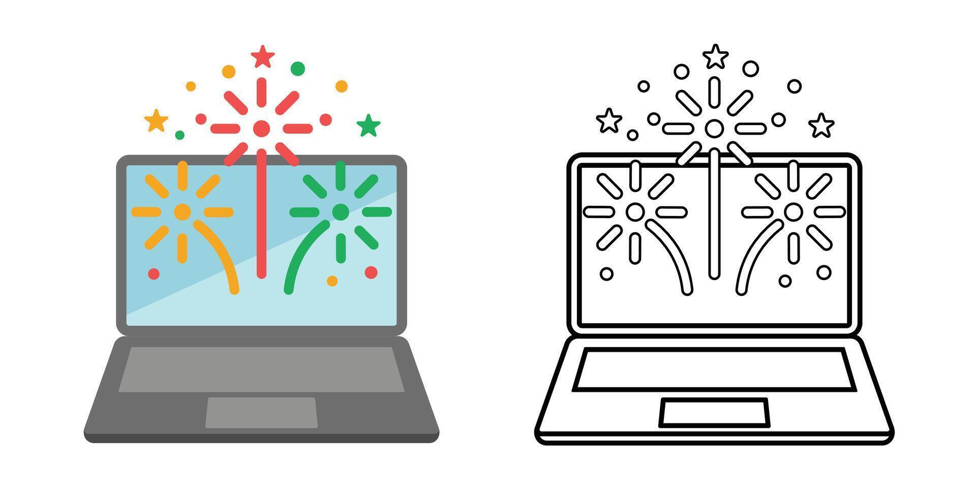 Laptop fireworks display icon showing an open laptop with fireworks on screen. Perfect for festive digital themes, online celebration events, and joyful tech visuals. vector