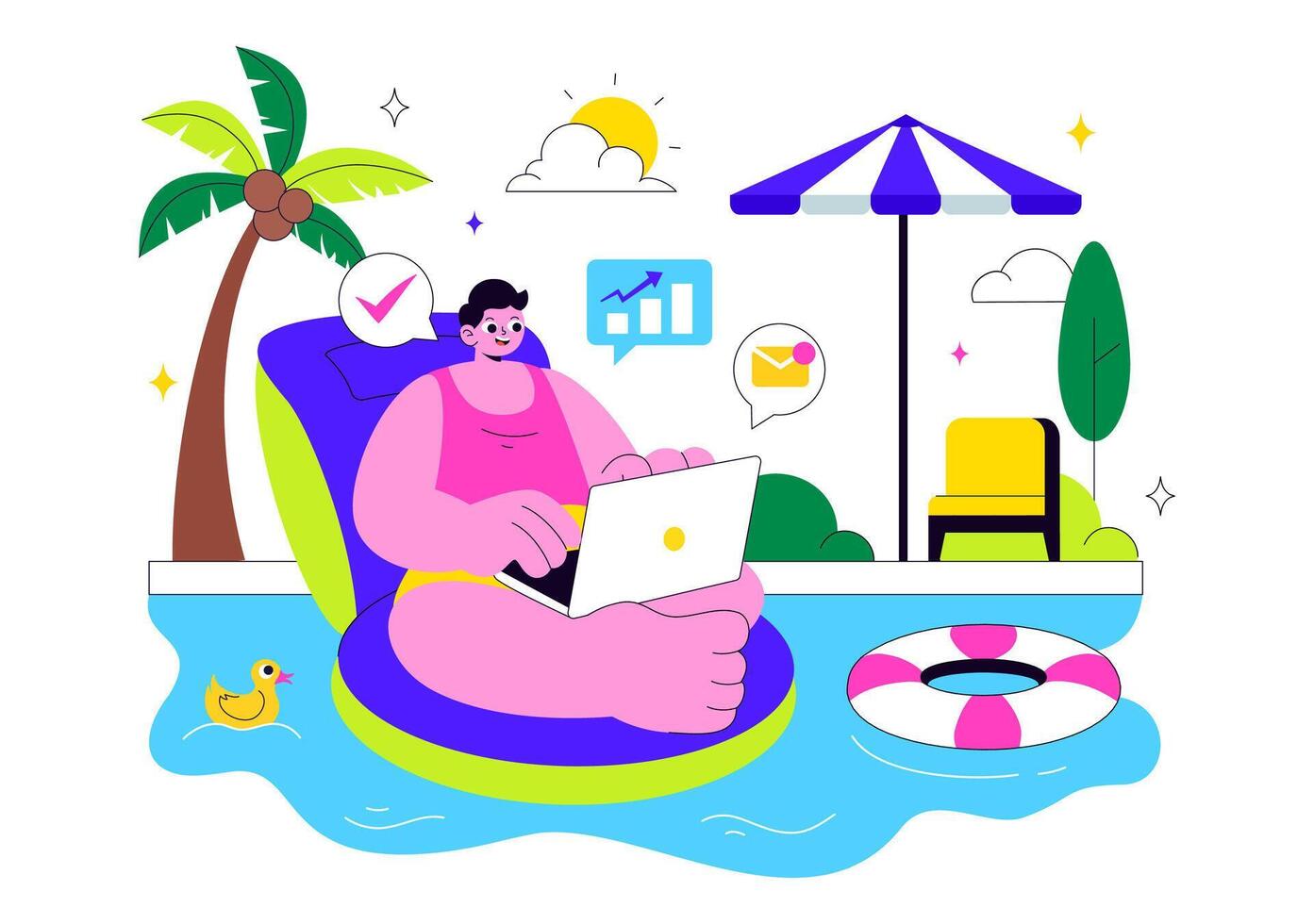 Man working on laptop by the pool vector