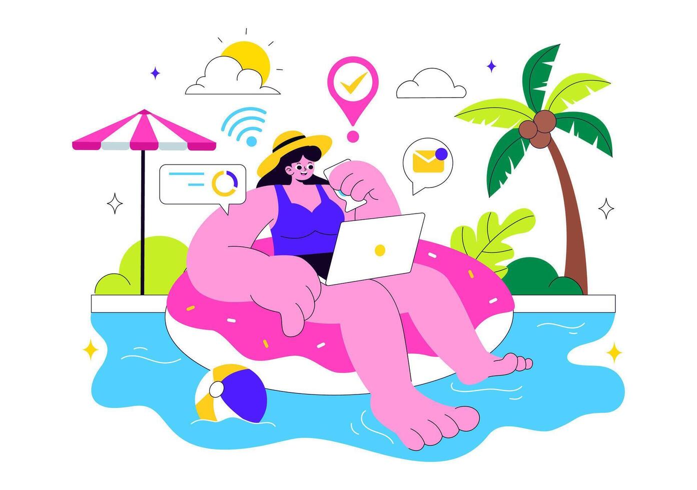Woman working on laptop in pool vector