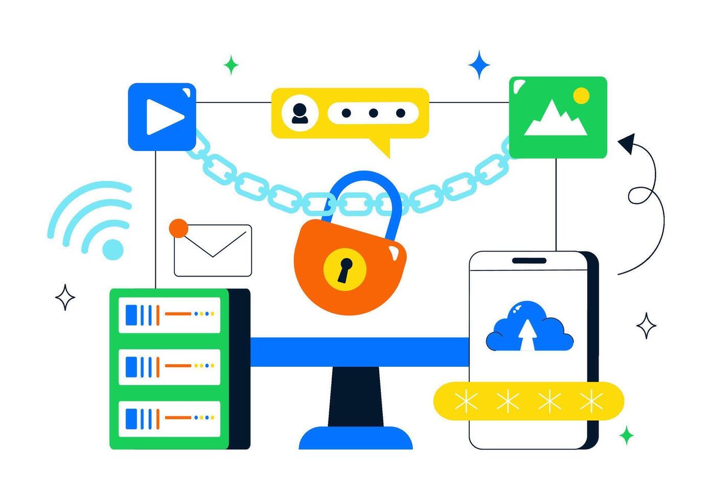 Information Privacy Illustration with Technology Lock Symbol and Security Elements in Flat Design vector