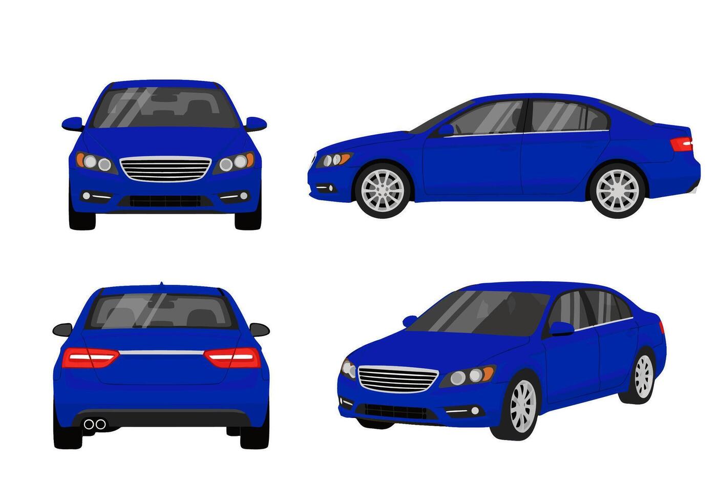Collection of a modern blue passenger car from multiple viewpoints. Isolated set showing front, side, rear, and three-quarter angle views vector