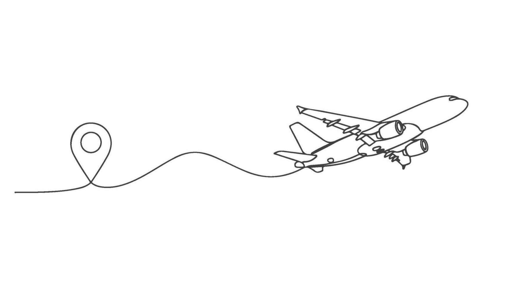 Minimalist single continuous one line drawing of an airplane taking off, its flight path traced from a map pin. b vector