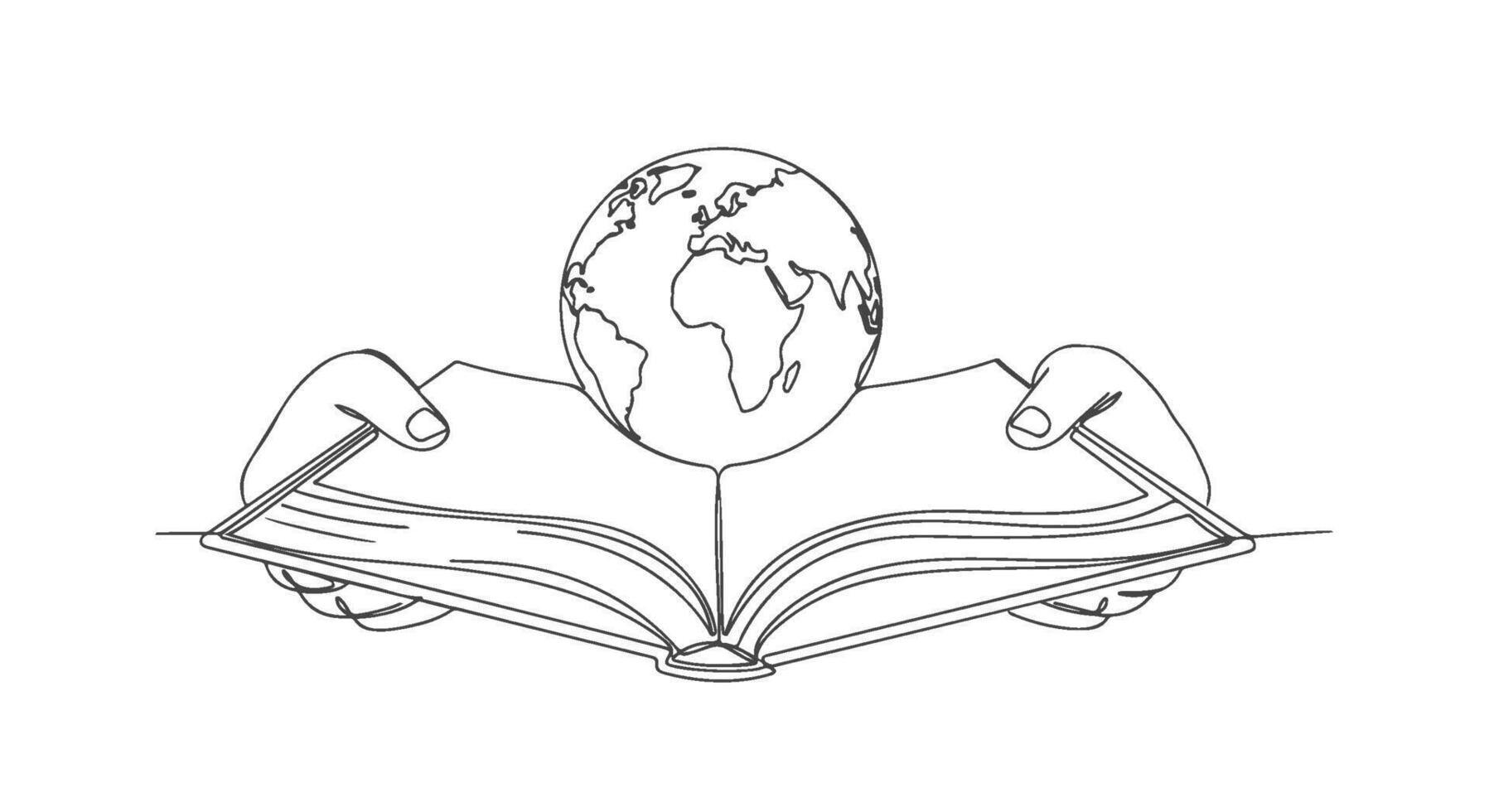 One Line Continuous Sketch Globe Emerging from Opened Book Illustration vector