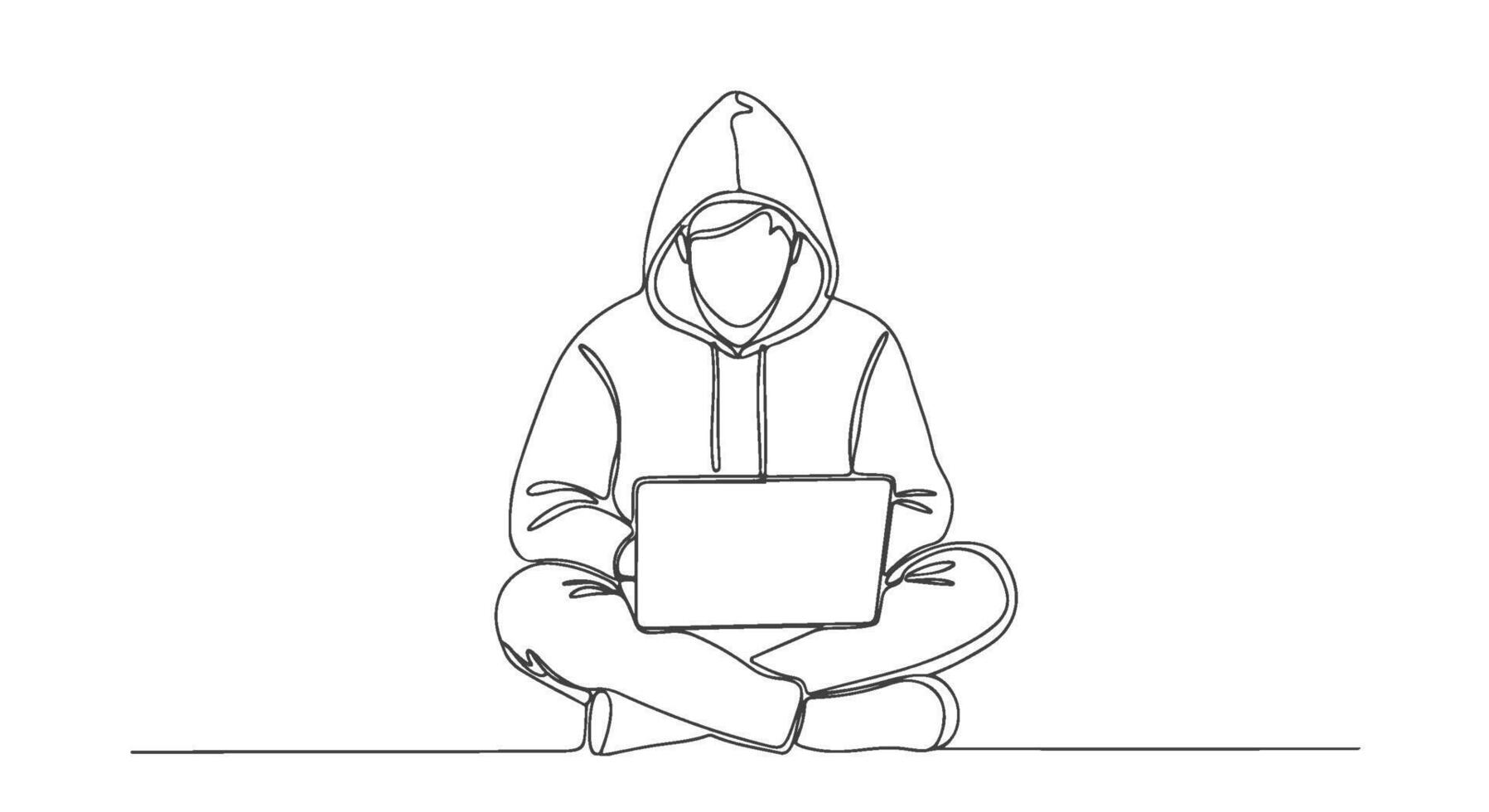 un minimalista ilustración de un anónimo encapuchado programador trabajando en un computadora portátil, dibujado con uno soltero continuo línea Arte vector