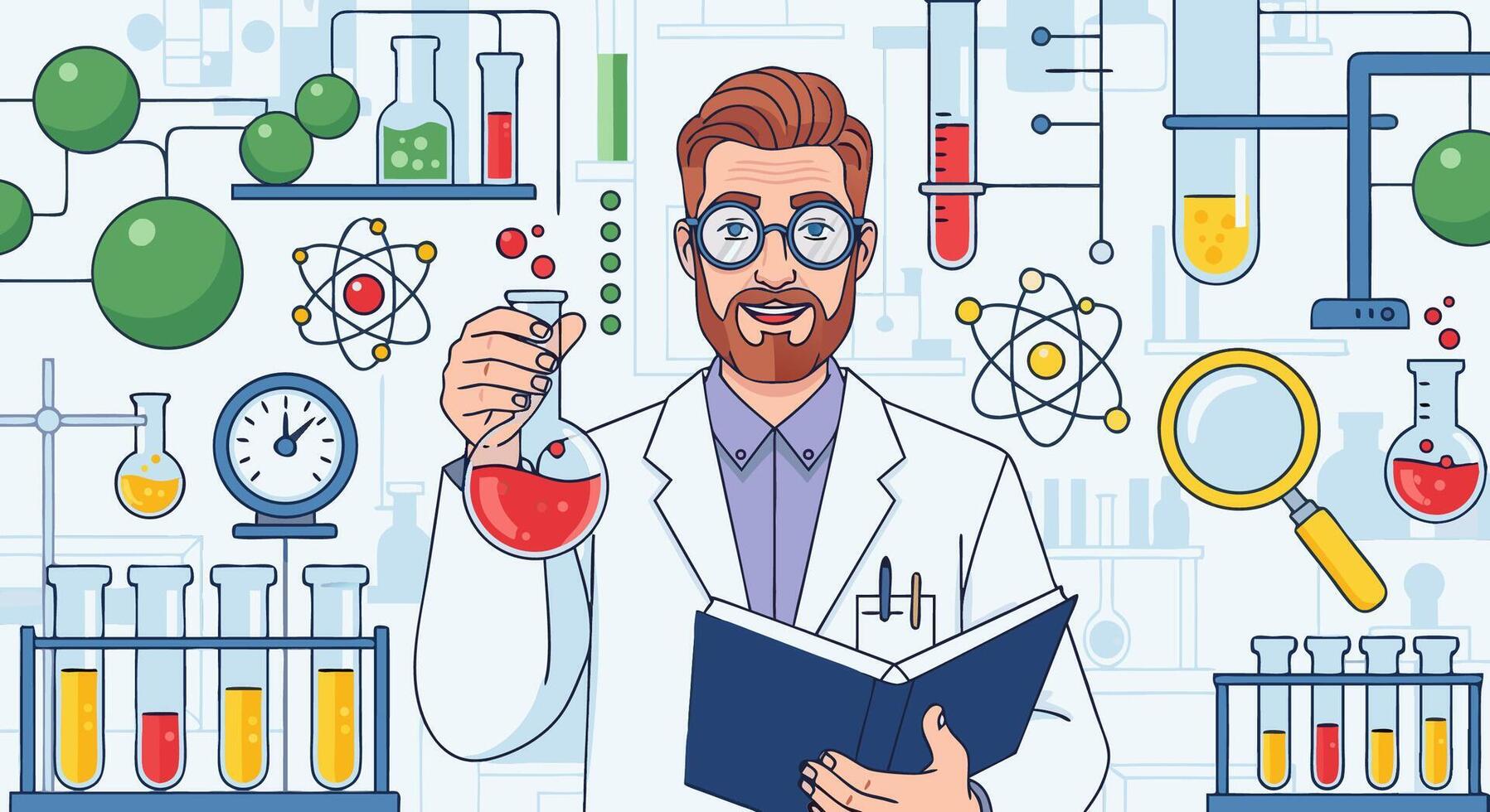 Smiling bearded scientist conducts chemical experiments in a lab, holding a flask and a book, surrounded by scientific equipment, representing research and discovery vector