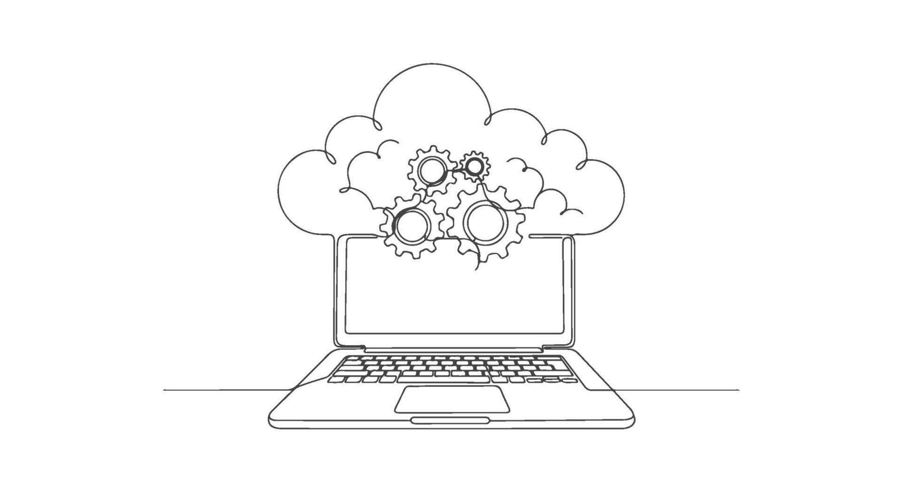 continuo línea dibujo de nube informática con engranajes, uno línea ordenador portátil vector