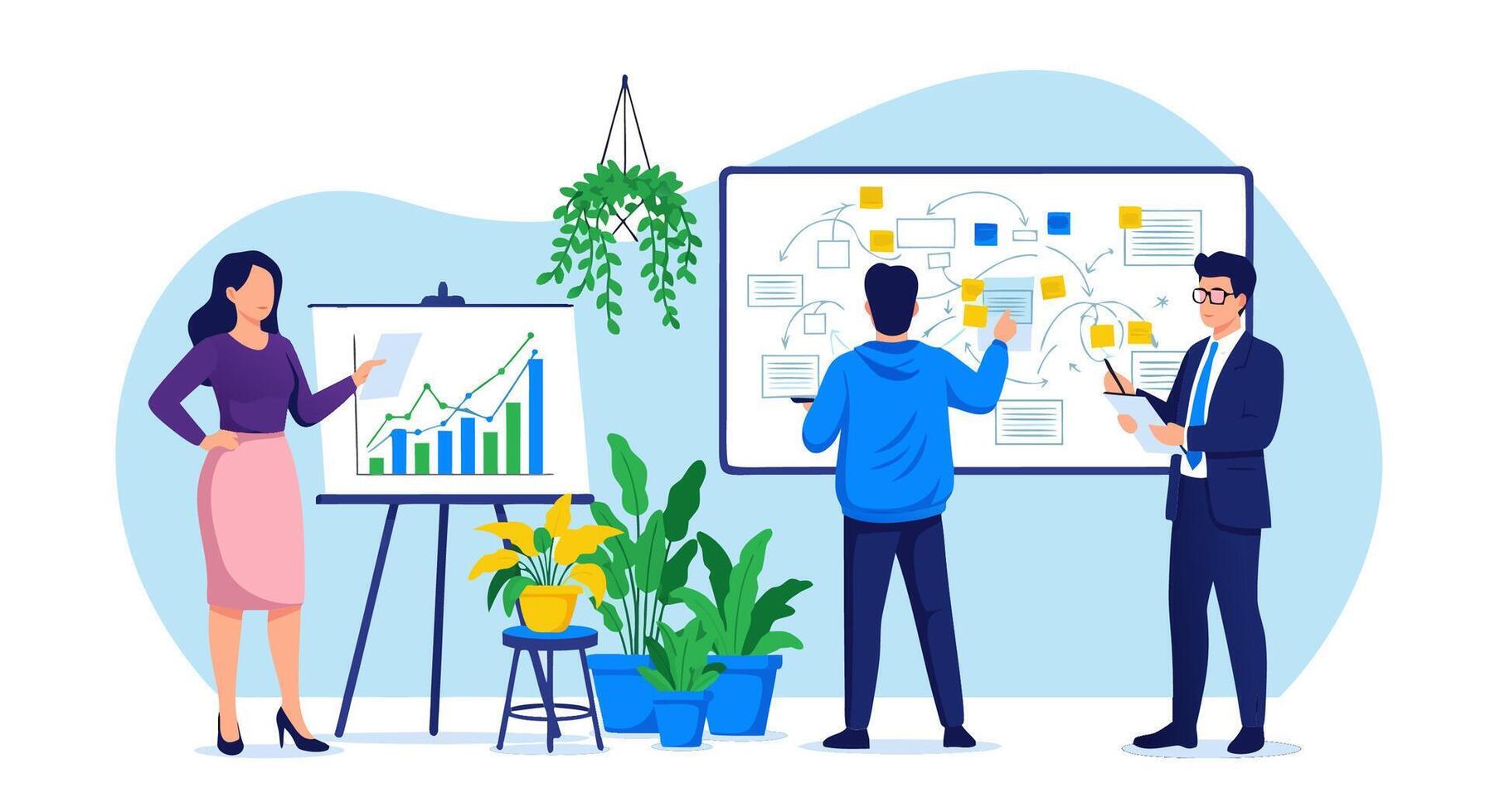 Business team collaborating on a strategic plan, analyzing data charts and brainstorming ideas on a whiteboard in a modern office vector