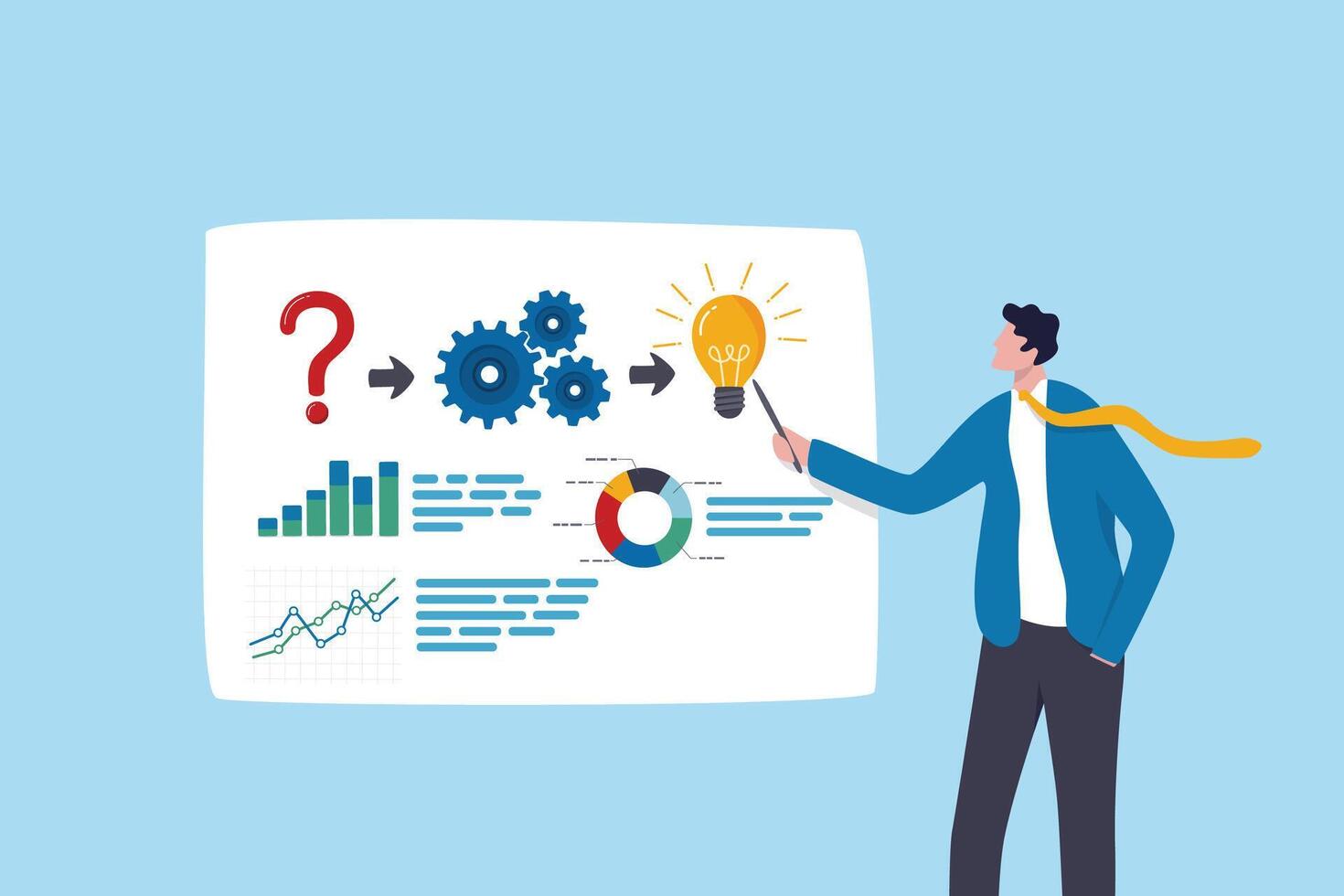 Client presentation, analysis report slides, meeting discussion skill, communicate skill expertise, presenting project status, businessman expert talk and present company performance presentation. vector