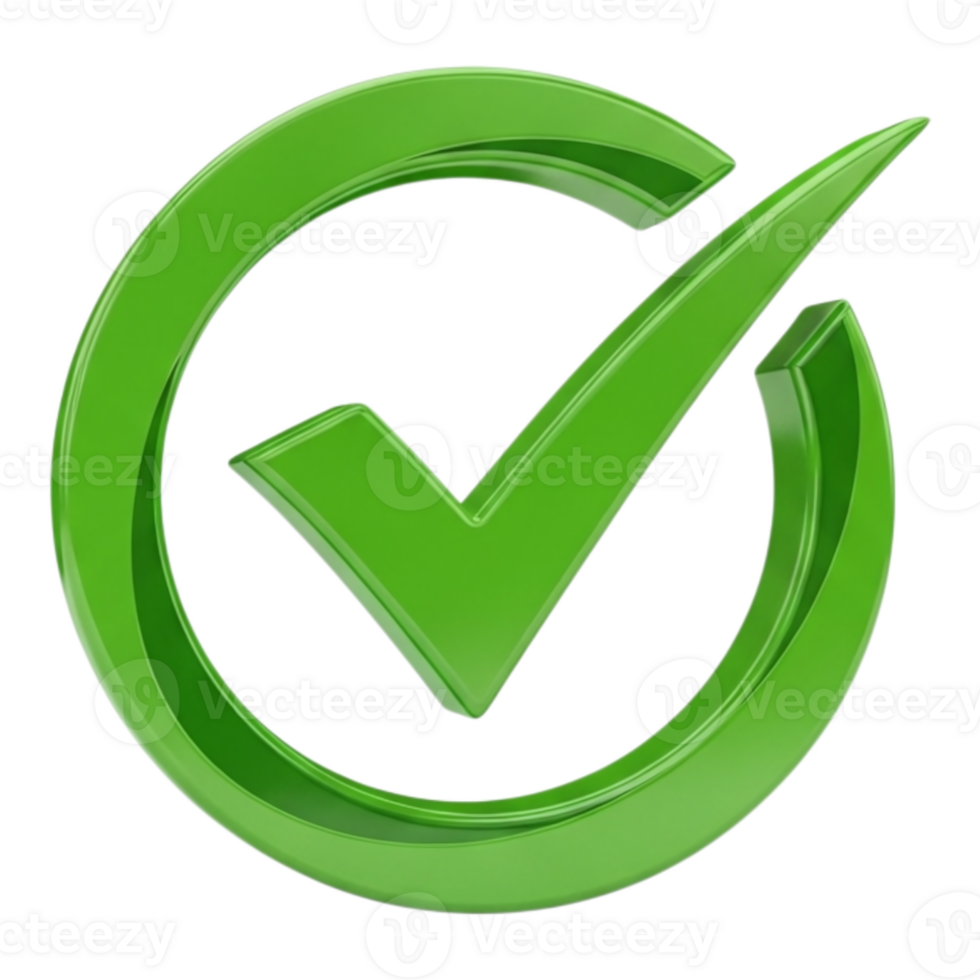 A vibrant green checkmark inside a circular frame, signifying completion and correctness, isolated on transparent background png