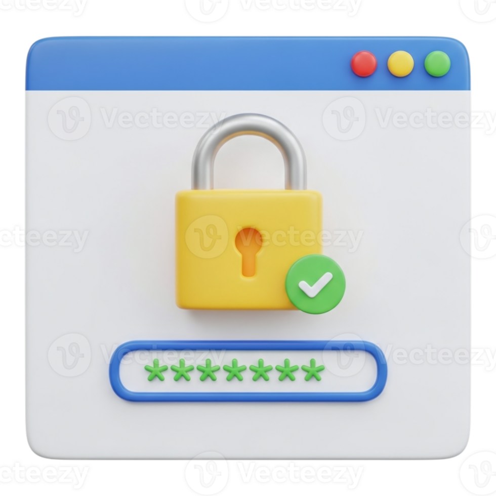 A 3d illustration of a computer login screen with a yellow padlock and password field isolated on transparent background png