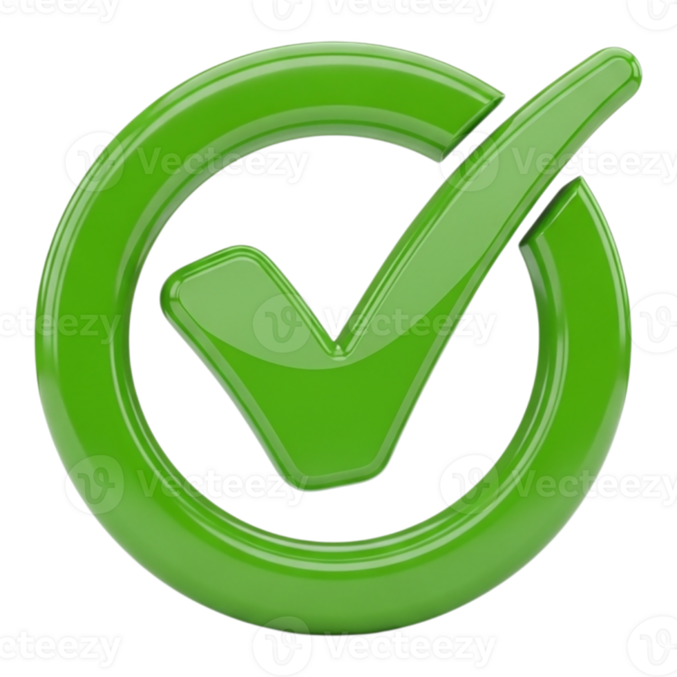 A shiny green check mark inside a circular border, indicating approval, completion, or correctness isolated on transparent background png