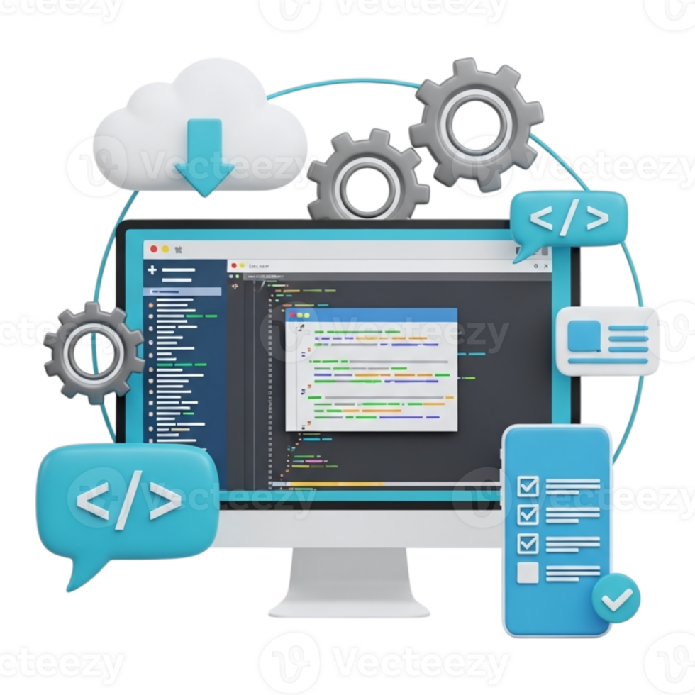 3d ilustração do uma computador tela exibindo código com nuvem Informática e engrenagens, representando Programas desenvolvimento e isto Serviços isolado em transparente fundo png