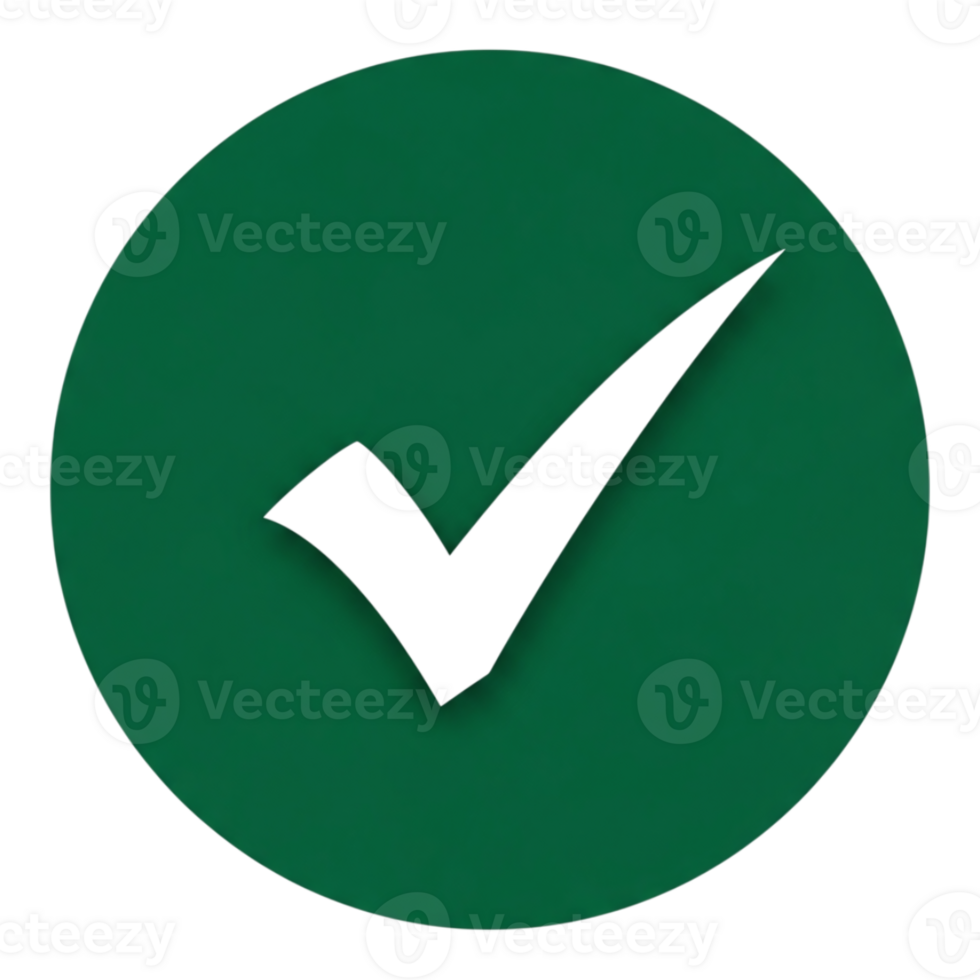 A white checkmark symbol on a solid green circle background, representing confirmation or correctness isolated on transparent background png