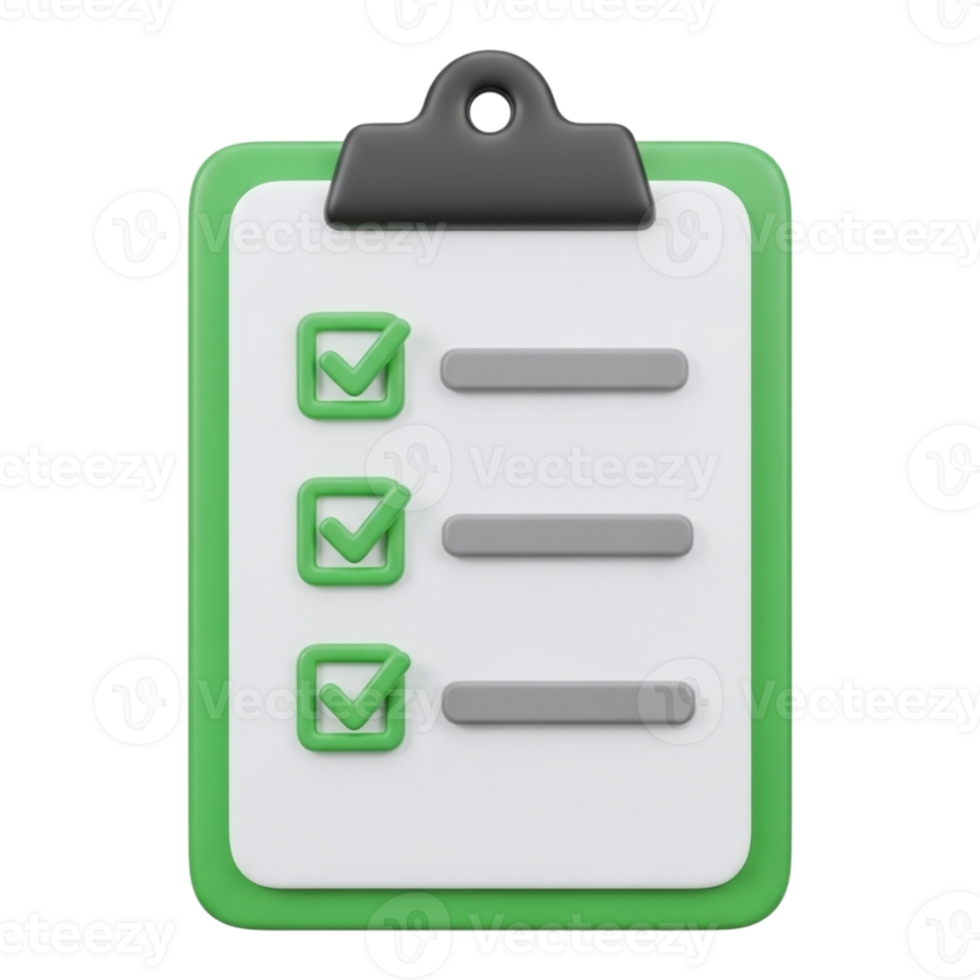 un' 3d rendere di un' appunti con un' lista di controllo e tre completato compiti, isolato su trasparente sfondo png