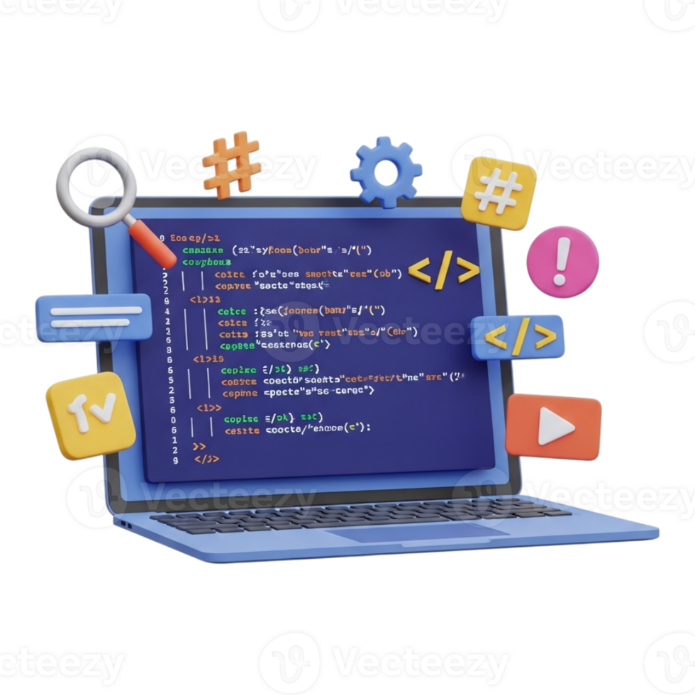 un 3d hacer de un ordenador portátil mostrando código con varios programación íconos flotante alrededor él, aislado en transparente antecedentes png