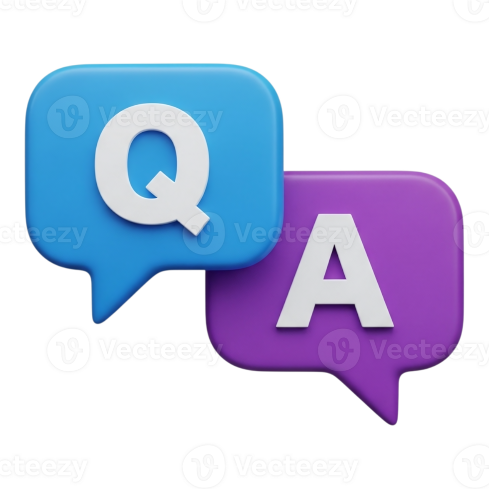 Two chat bubbles, one blue with a q and one purple with an a, representing questions and answers, isolated on transparent background png