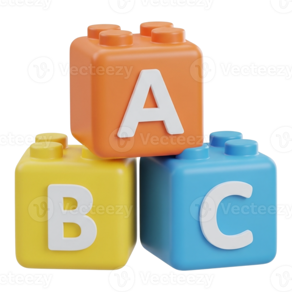 Three colorful building blocks with letters a, b, and c stacked together, isolated on transparent background png