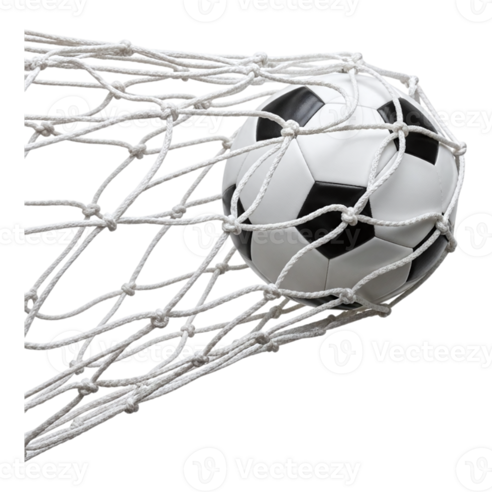A soccer ball caught in a net, symbolizing a goal scored in a game, isolated on transparent background png