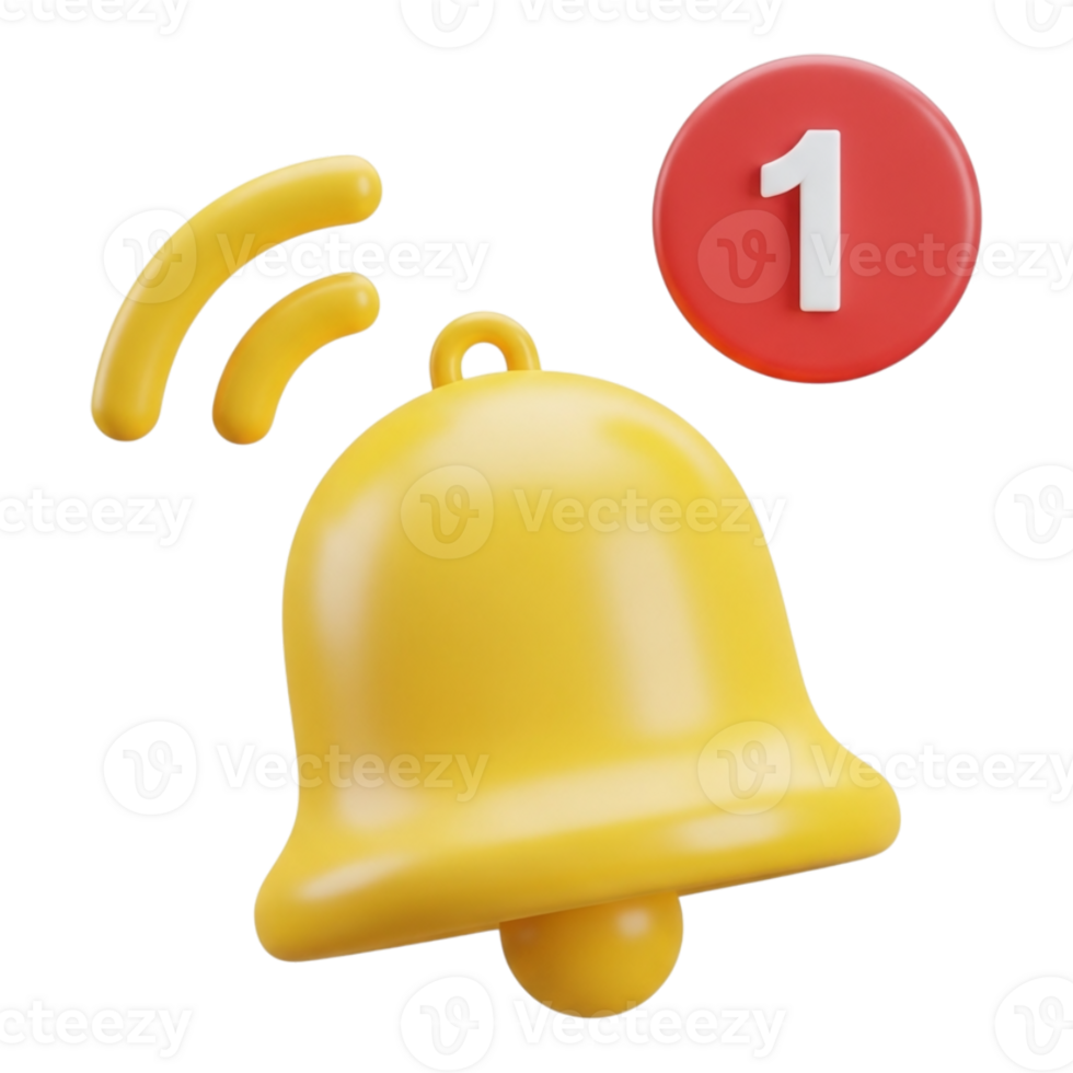 3d render of a yellow notification bell with a red circle and number 1, isolated on transparent background png