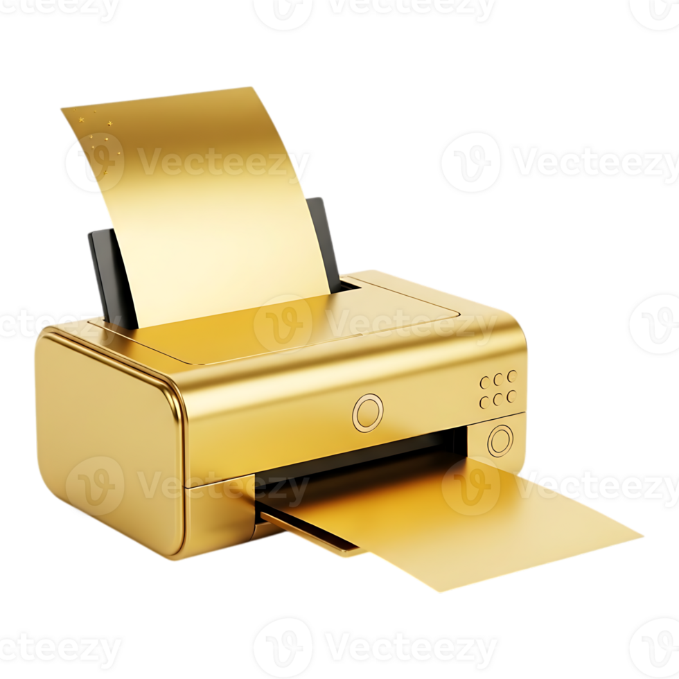 Golden printer with paper outputting and inputting, isolated on transparent background png