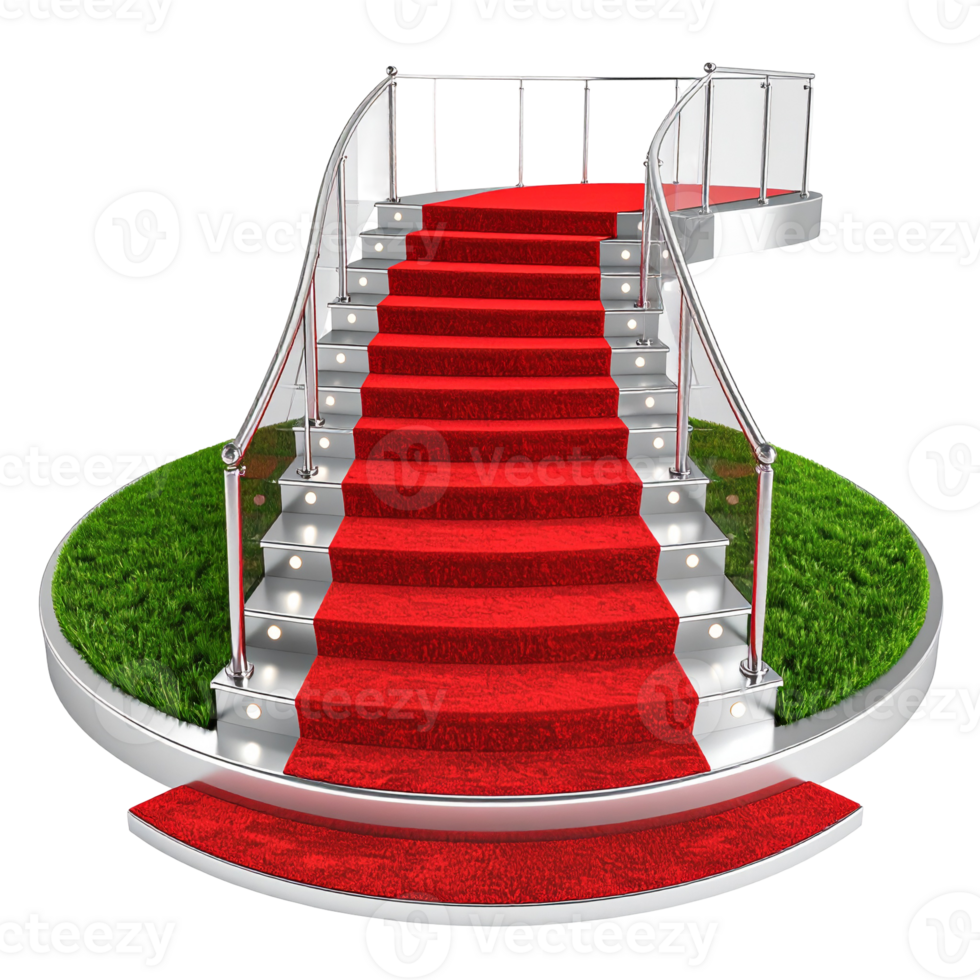 reso Immagine di rosso moquette, illuminato scala con argento rotaie e circostante verdura png