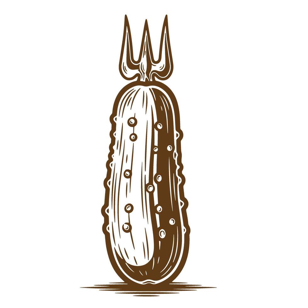 Artistic brown sketch vintage illustration of a cucumber with a fork design element vector