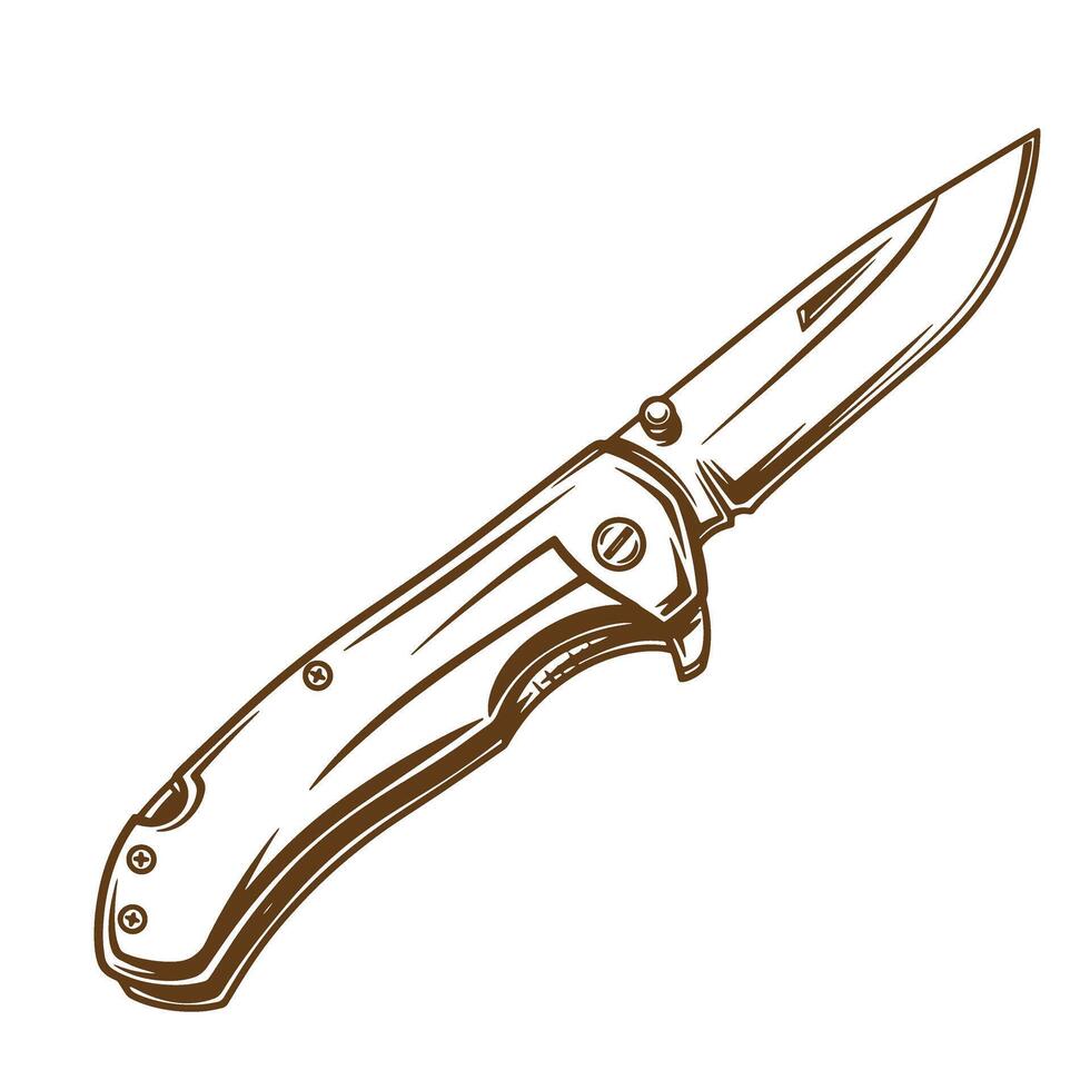 Detailed brown sketch illustration of a folding knife with a sharp blade on white background vector