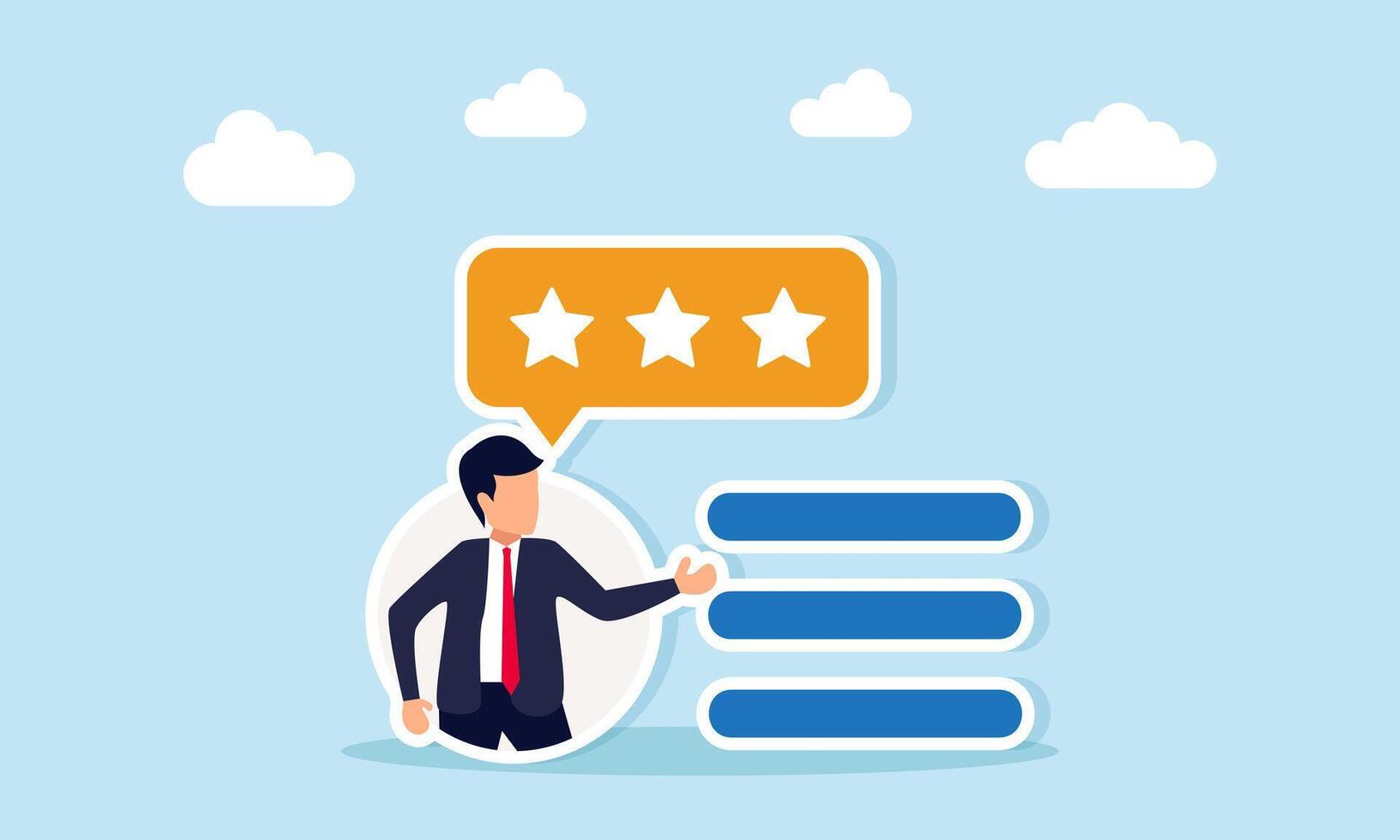 Businessman appearing inside a circle with text lines and chat dialog featuring three stars illustration of customer business review feedback vector