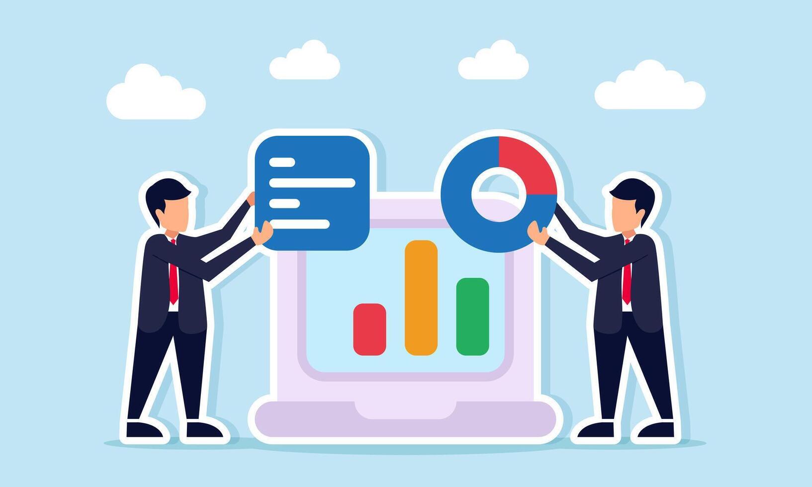 Businessmen holding note board and circle chart near laptop displaying graph illustration of analyzing and organizing business data vector