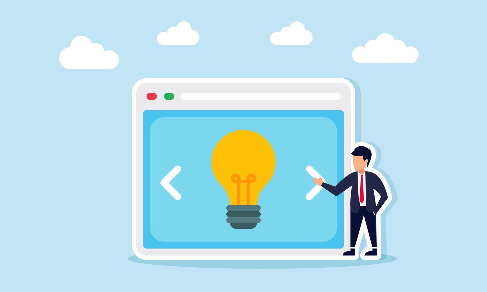 Businessman pressing next button on an app interface displaying a light bulb illustrating selecting the right business idea and innovation vector