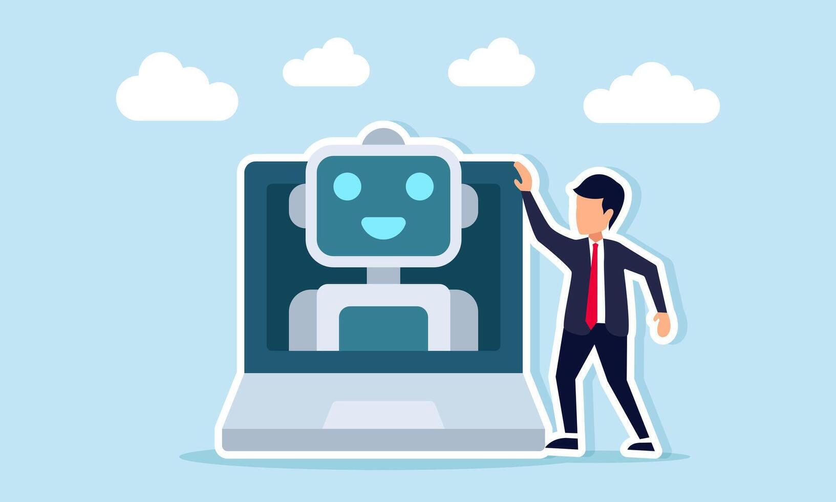 Businessman standing near laptop displaying robot illustration of AI implementation for business performance efficiency and effectiveness vector