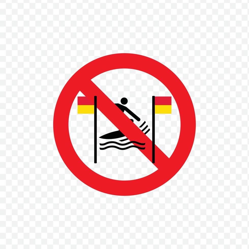 No surfing between the flags prohibited sign with red circle and diagonal slash vector