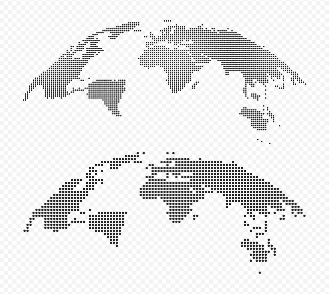 world map set with black dotted round projection isolated on transparent background vector