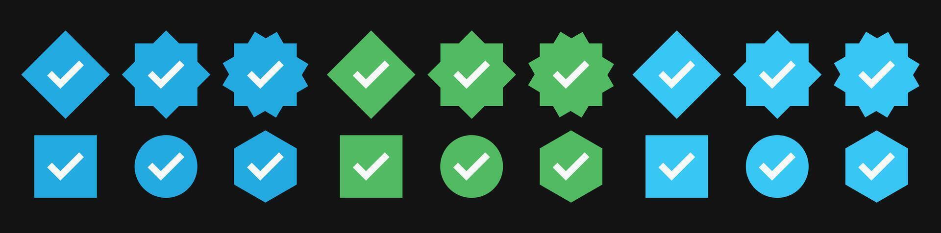 Profile Verification black background. Verified badge. Verified icon set with social media verified badge style. Approved icon. Receive badge. Check mark. Approved, verified and protected icon set vector