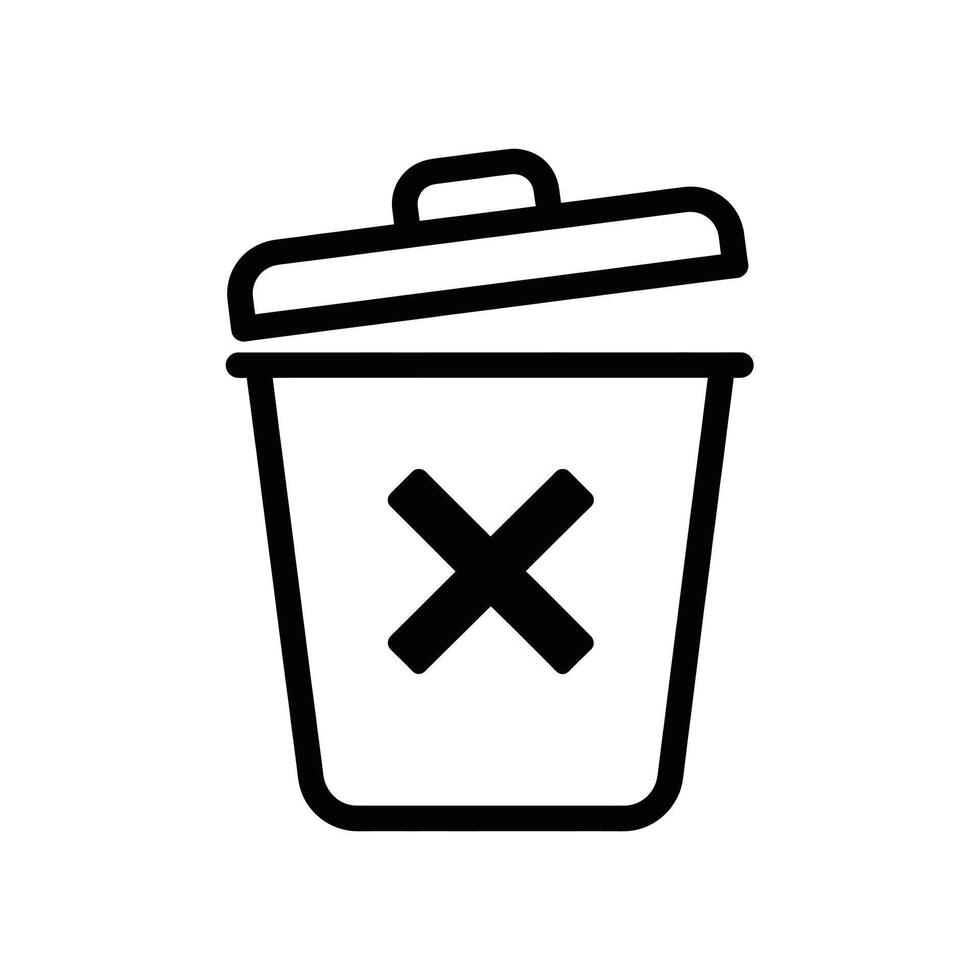 A trash can icon with a lid ajar and a large x symbol on its front, indicating deletion or removal, isolated on a vector
