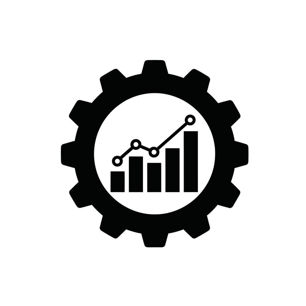 Black and white icon of a gear with a chart and line graph inside, symbolizing business growth and data analysis vector