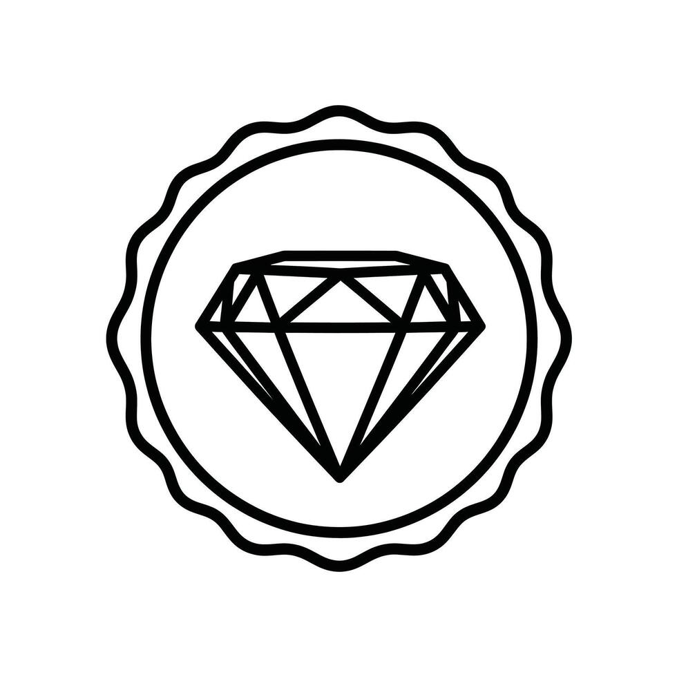 A simple black and white line art drawing of a diamond gem inside a circular border with a scalloped edge vector