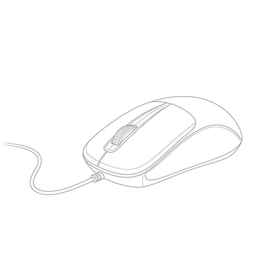 un sencillo línea dibujo de un computadora ratón con un Desplazarse rueda y un cable vector