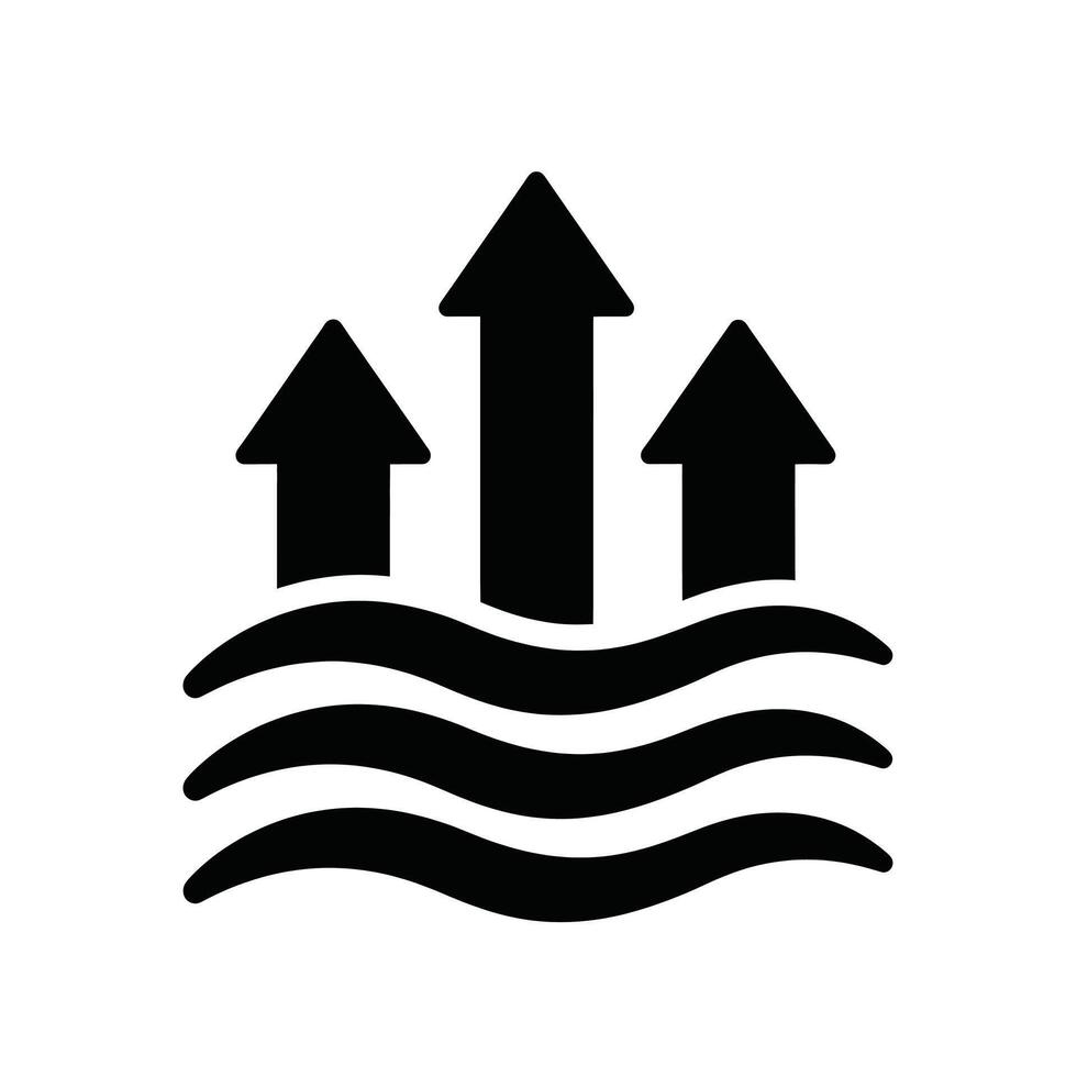 Black and white icon representing upward growth and progress with wavy lines at the base vector
