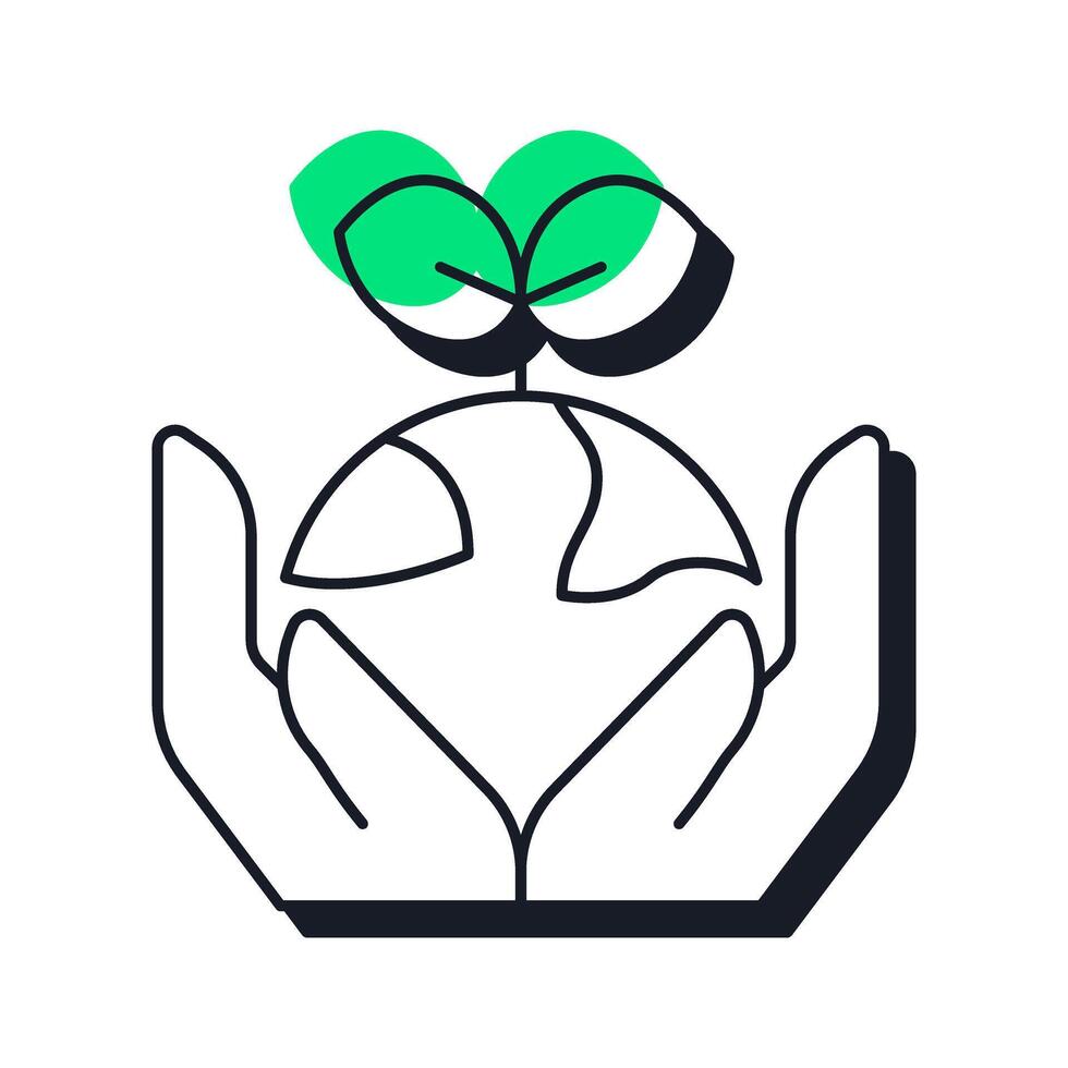 Save planet offset shadow line icon. Earth globe with sprout in palms. Sustainable lifestyle. Environment care. Bold outline symbol with solid green fill. Modern flat illustration. Editable stroke vector
