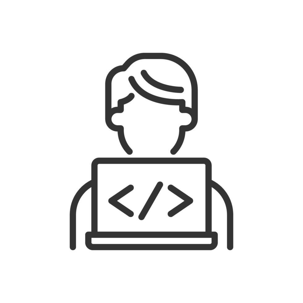 Programmer pixel perfect line icon. Web developer working on laptop. Engineer writing software code. Isolated illustration. Outline symbol. Simple linear drawing. Editable stroke vector