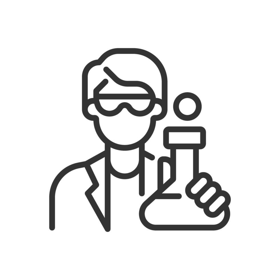 Scientist pixel perfect line icon. Man chemist holding flask of liquid. Specialist conducting lab testing. Isolated illustration. Outline symbol. Simple linear drawing. Editable stroke vector