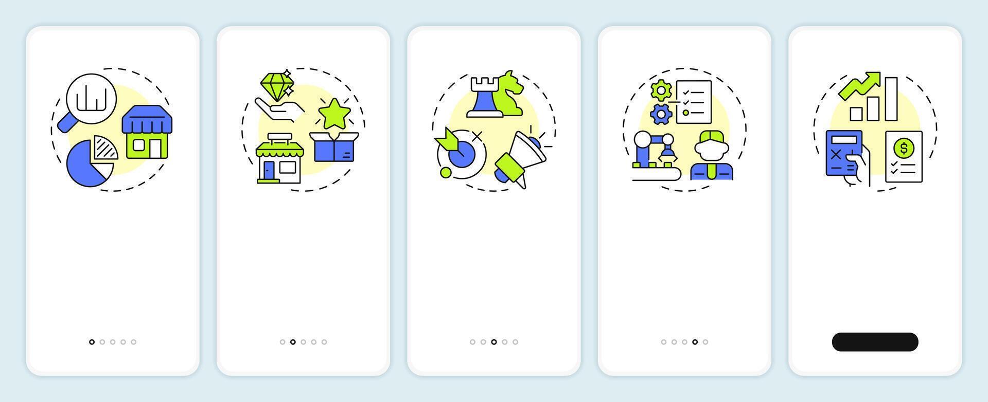 Key stages of business plan onboarding mobile app screen. Organization. Walkthrough 5 steps editable graphic instructions with linear concepts. UI, UX, GUI vector