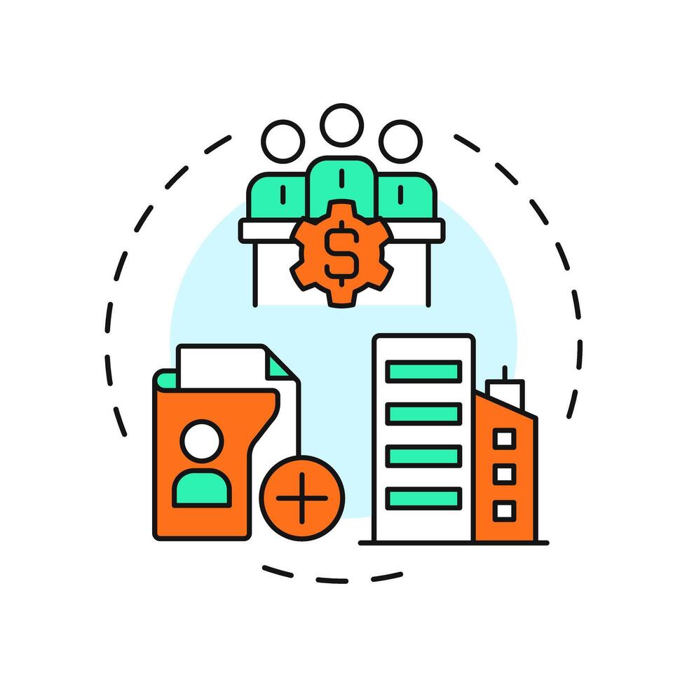 Flexible ownership multi color concept icon. No members limits. Benefit of LLC. Business development. Round shape line illustration. Abstract idea. Graphic design. Easy to use in infographic vector