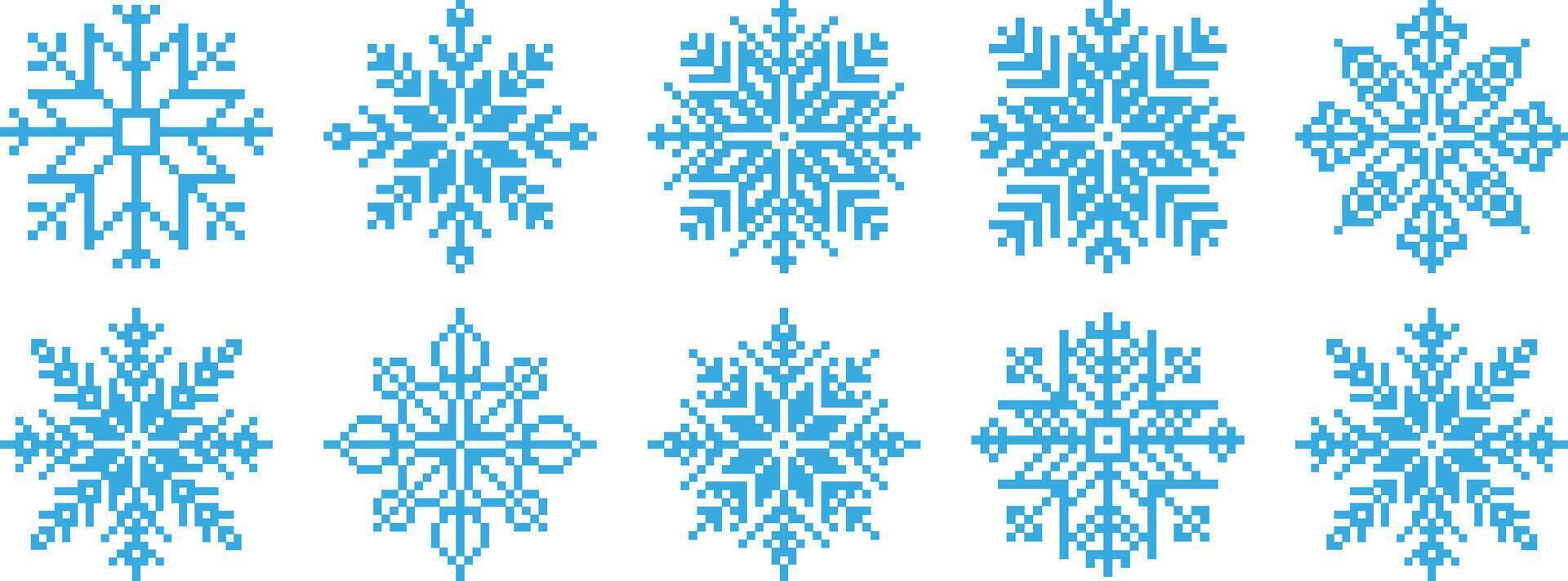 Pixel snowflakes winter ice crystal game icon set. Snow flake retro computer 8 bit pixel art elements vector