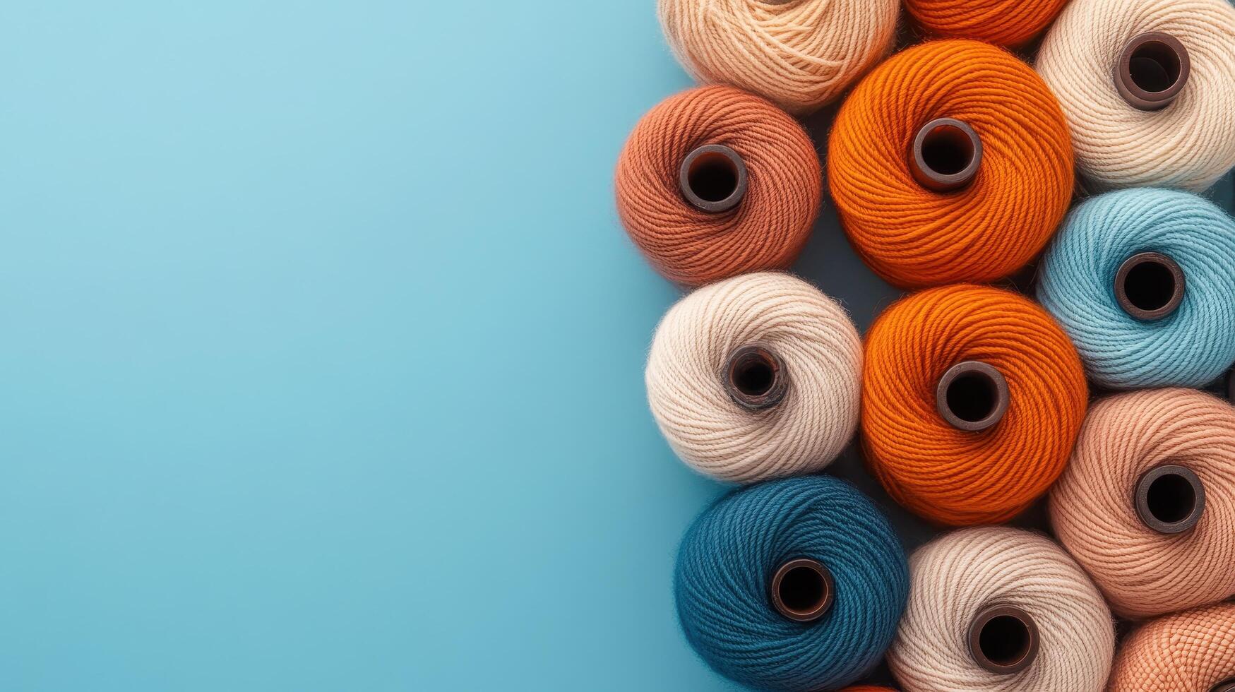 Colorful thread spools arranged in a pattern on a solid blue background suggesting creativity and craft. photo