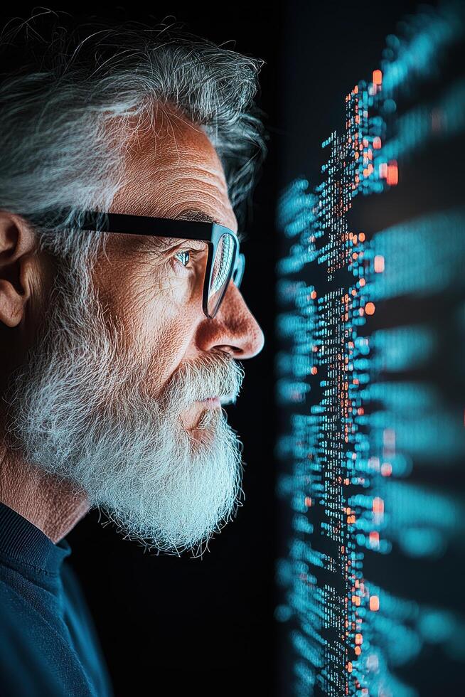Bearded man analyzes digital screen with cryptocurrency data. Trader studies market trends for digital asset trading and investment strategy. photo